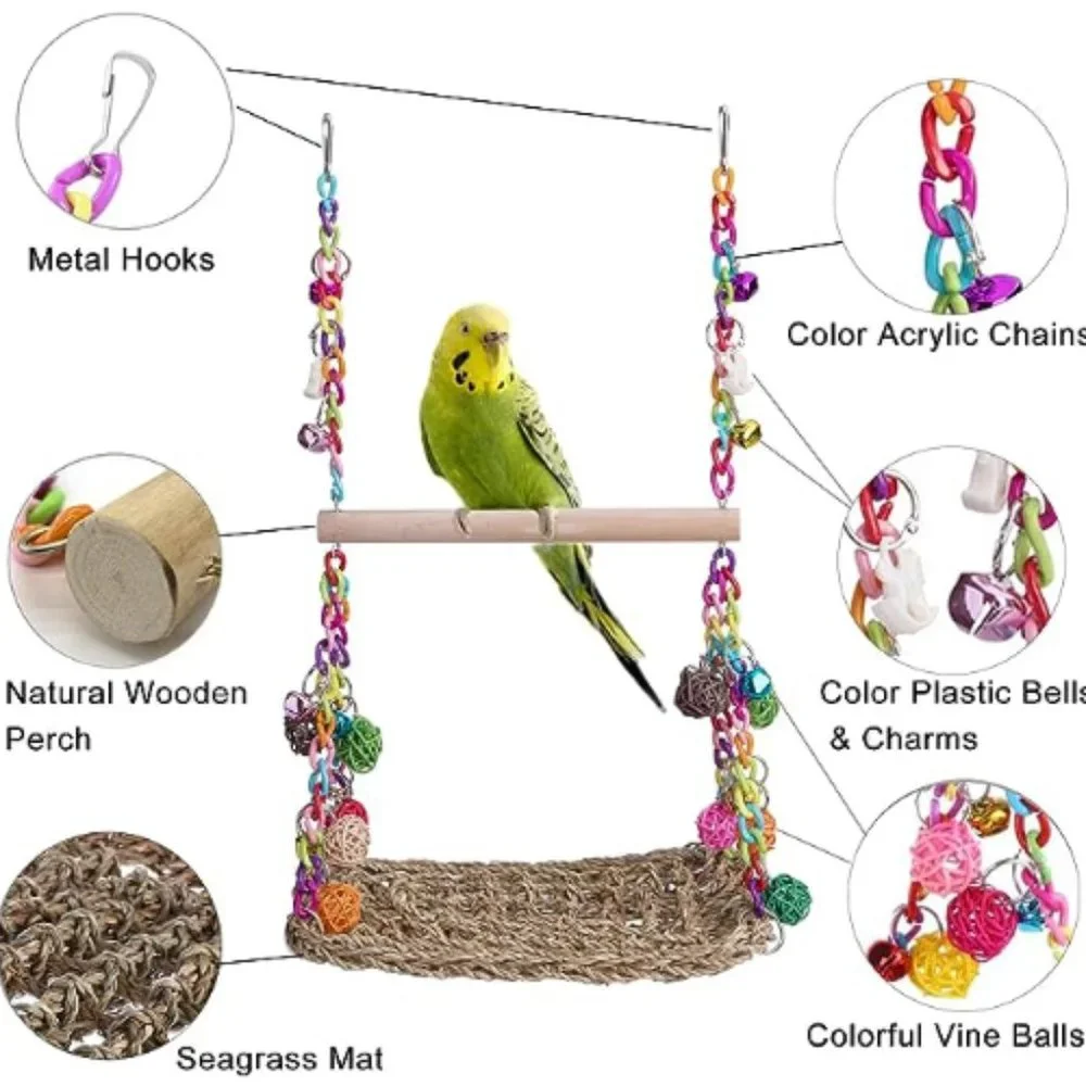 Woven-Seagrass Bird Hammock - Bird Swing Toys w/ Wood Perch